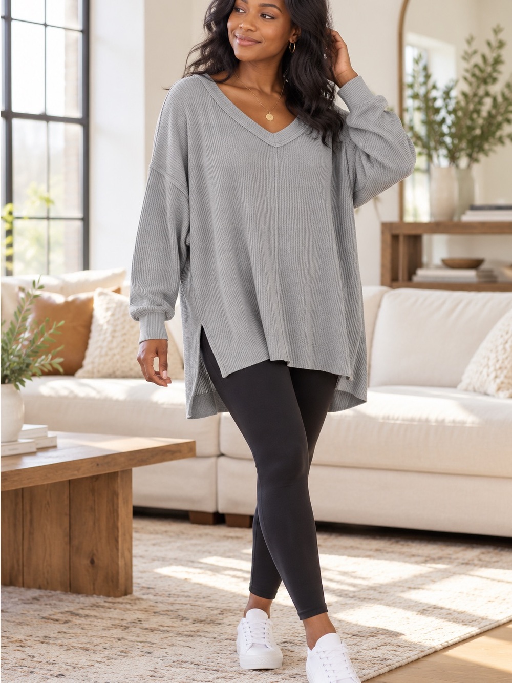 Aerie Oversized Waffle Knit V-Neck Tunic Sweater Gray Large High Low